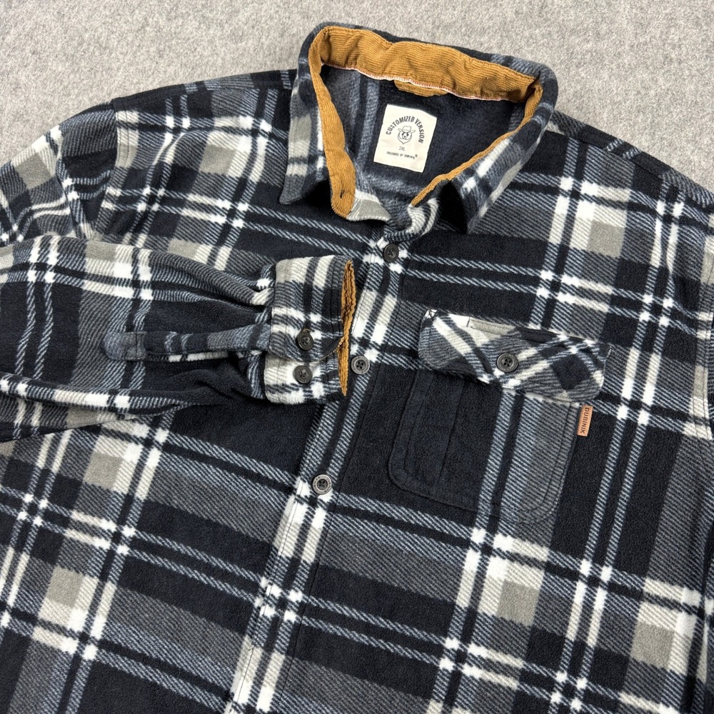 Dubinik Mens Fleece Flannel Shirt 2XL Black Grey Plaid Corduroy Trim Button Up